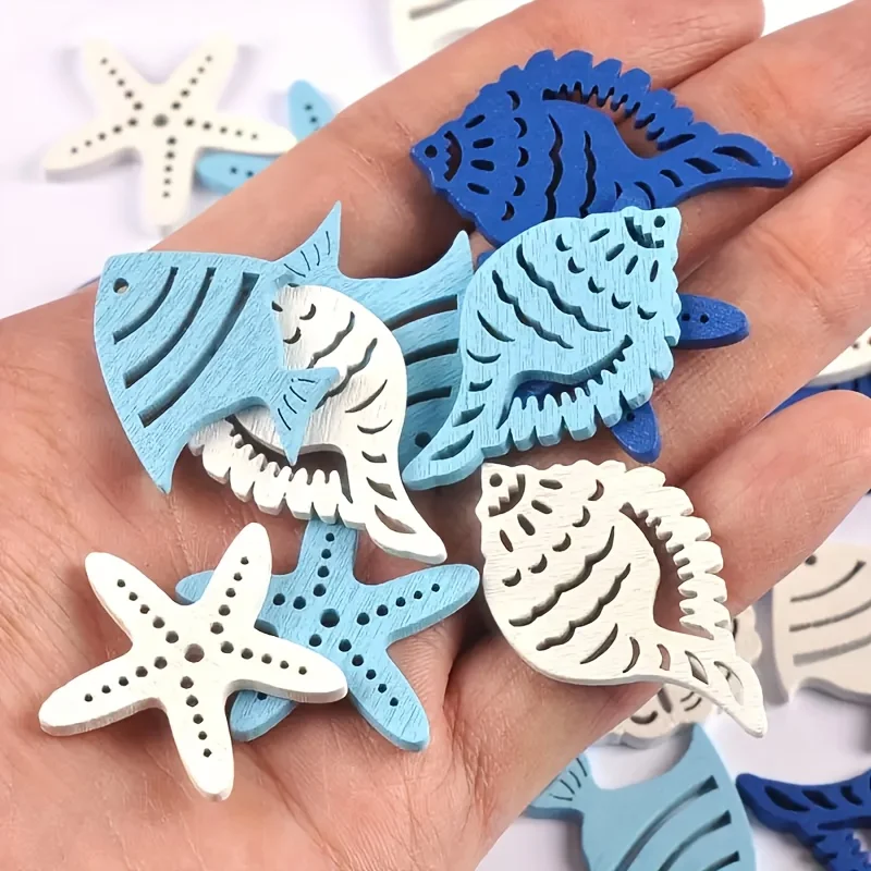 50pcs Mediterranean Wooden Craft Shapes - Starfish Seashells & Fish in Blue & White, Circular Ocean-Inspired DIY Decor for Beach