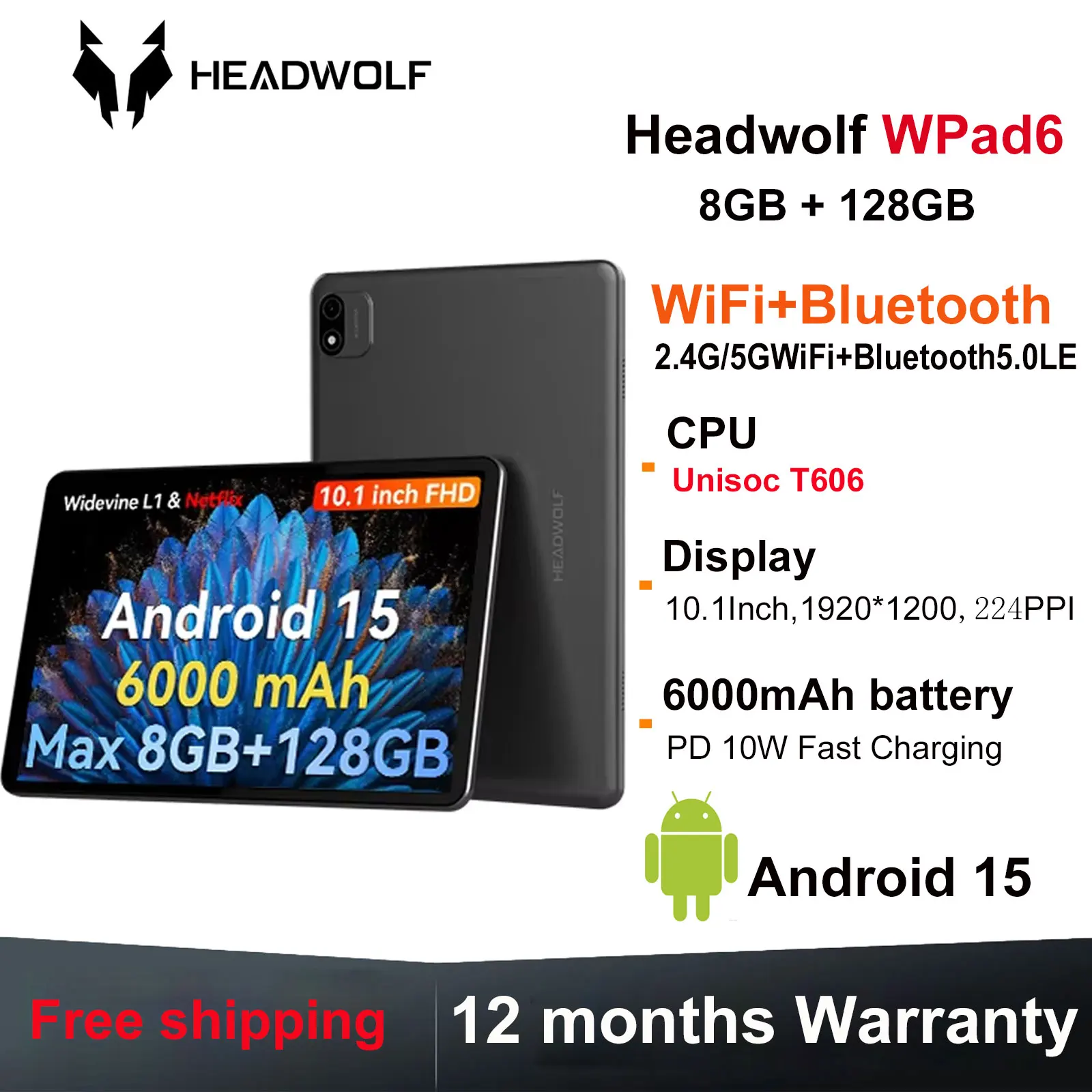 Headwolf WPad6 Android 15 Gaming Tablet 10 Zoll FHD LCD Bildschirm Unisoc T606 CPU 128 GB ROM WiFi + Bluetooth Tablet 6000 mAh Akku