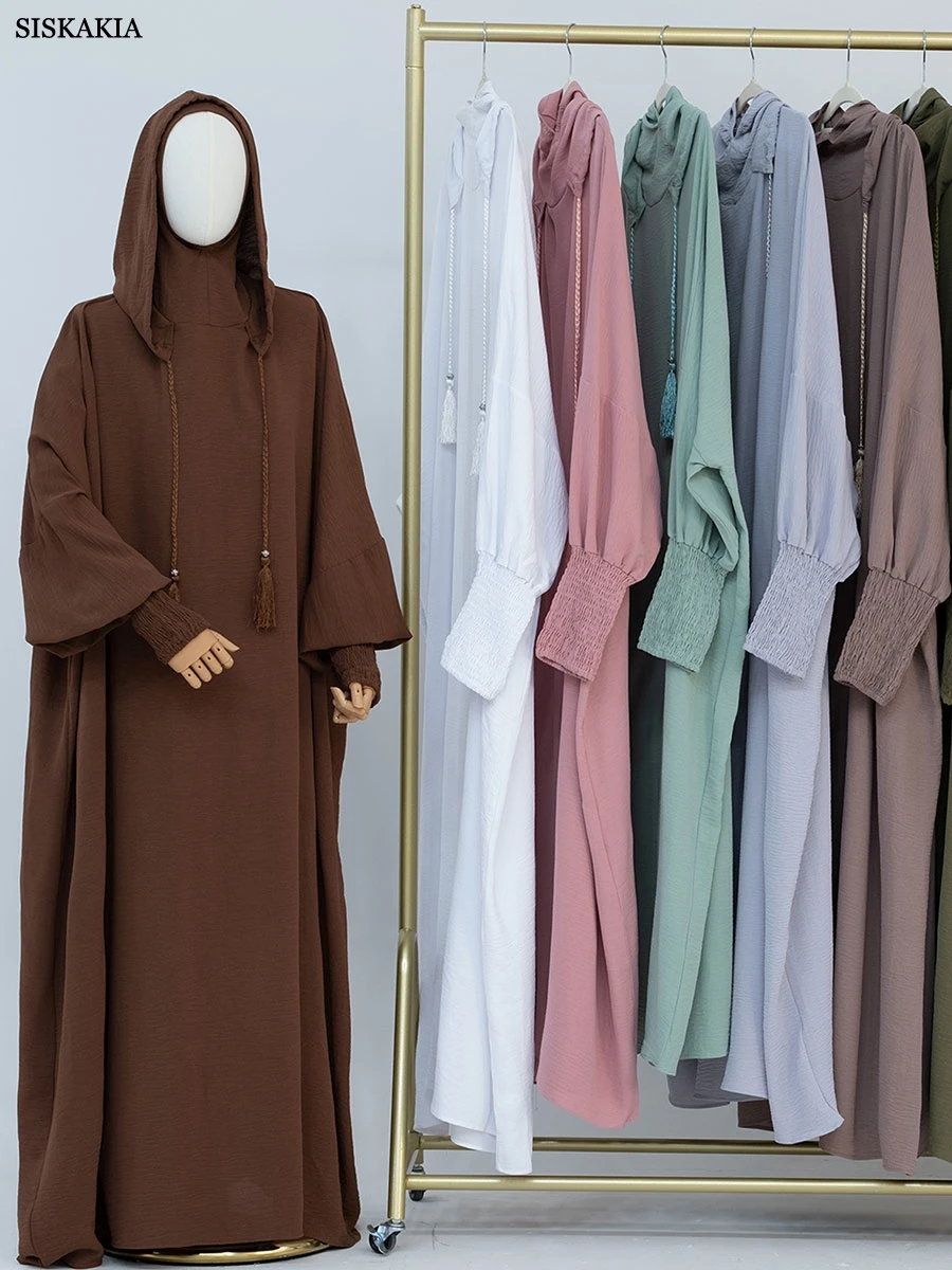 Fashion Solid Abayas With Two Hats And Draw String Bundled Sleeve Muslim Women Long Dress Prayer Clothes Dubai Ramadan Kaftan