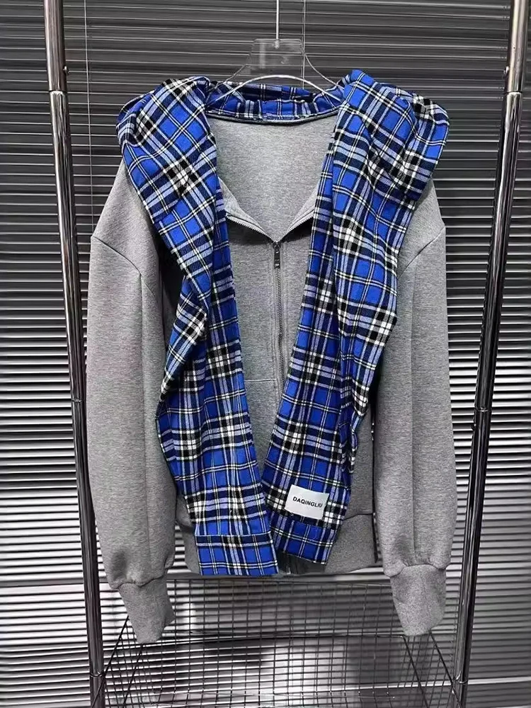 DEAT Modna moda damska Patchwork Plaid Fake Dwuczęściowy płaszcz B Seninal 2024 Jesienna kurtka z kapturem i długim rękawem Kobieta 33A1903