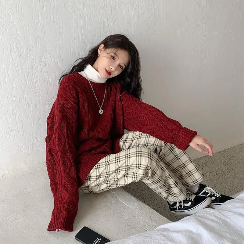 Red Vintage Knitted Sweaters Autumn Winter Pullovers for Women Chic Baggy Students Korean Style Aesthetic College Stylish Basic