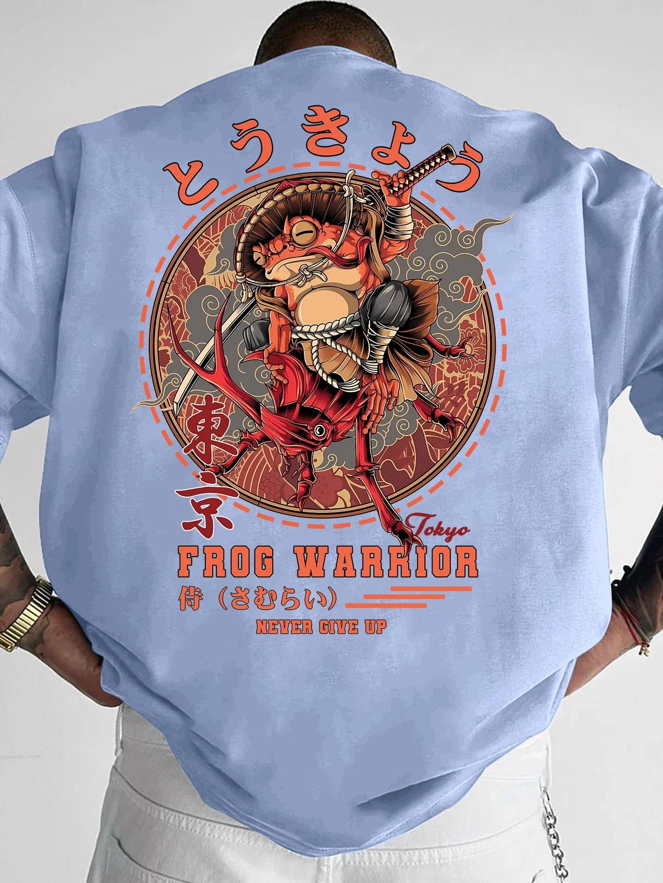 Herren-T-Shirt, Tokyo Frog Samurai Warrior, japanischer Textmusterdruck, Ukiyo-e Streetwear, Alltagskleidung, S-XXL – Detail 10
