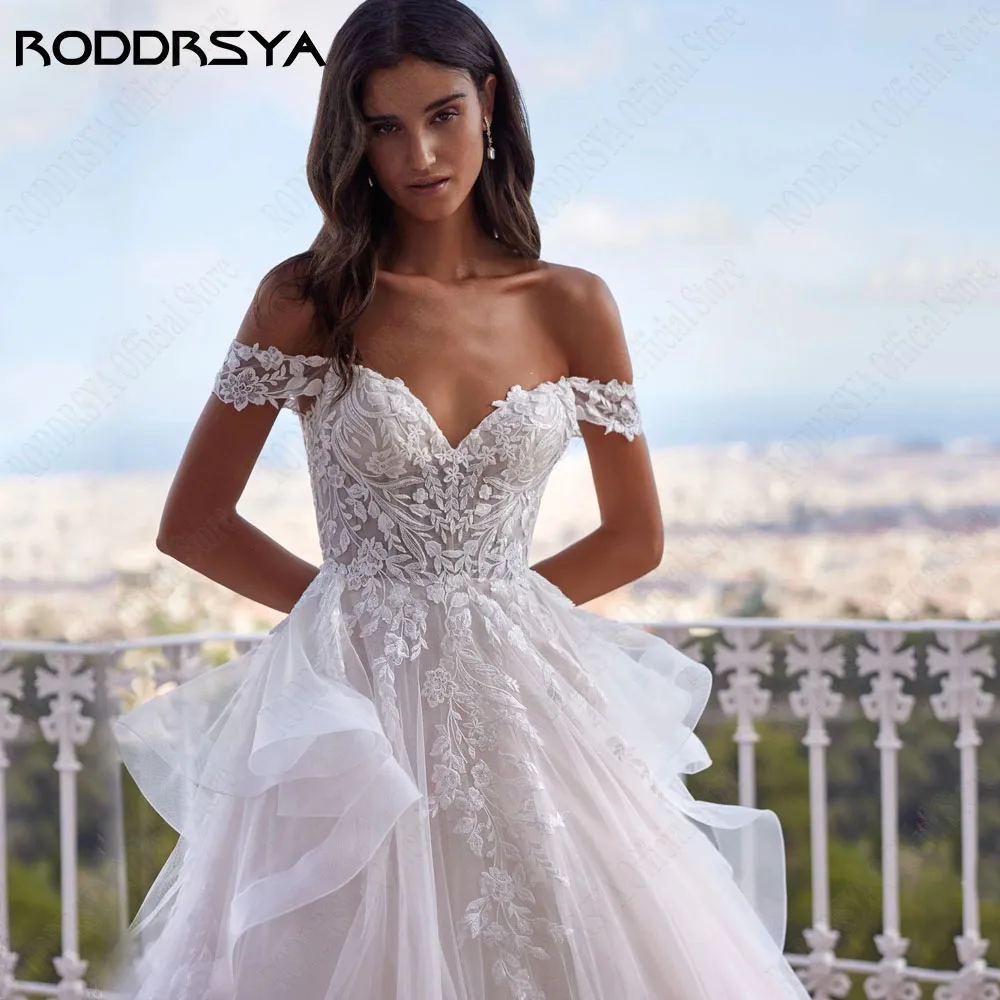 Roddrsya elegante encaje aplicación vestido de novia de palabra a 2024 cRODDRSYA-vestido De Novia elegante con apliques De encaje, traje De boda con hombros descubiertos acampanado, escote Corazón, botones, playa, 2024