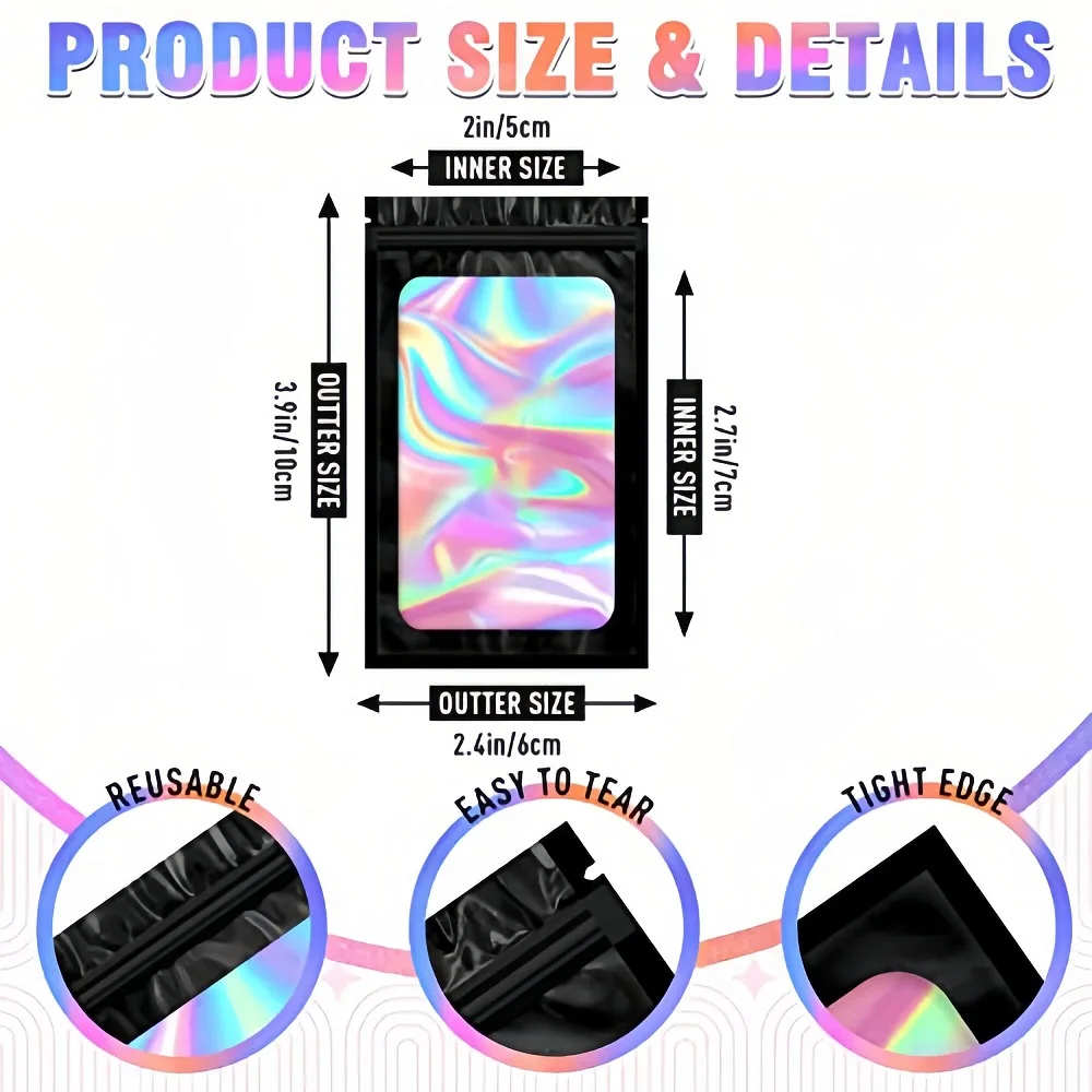 100Pcs Small Holographic Ziplock Bag Plastic Laser Iridescent Zip Gift Bags for Earrings Ring Jewelry Storage Bags