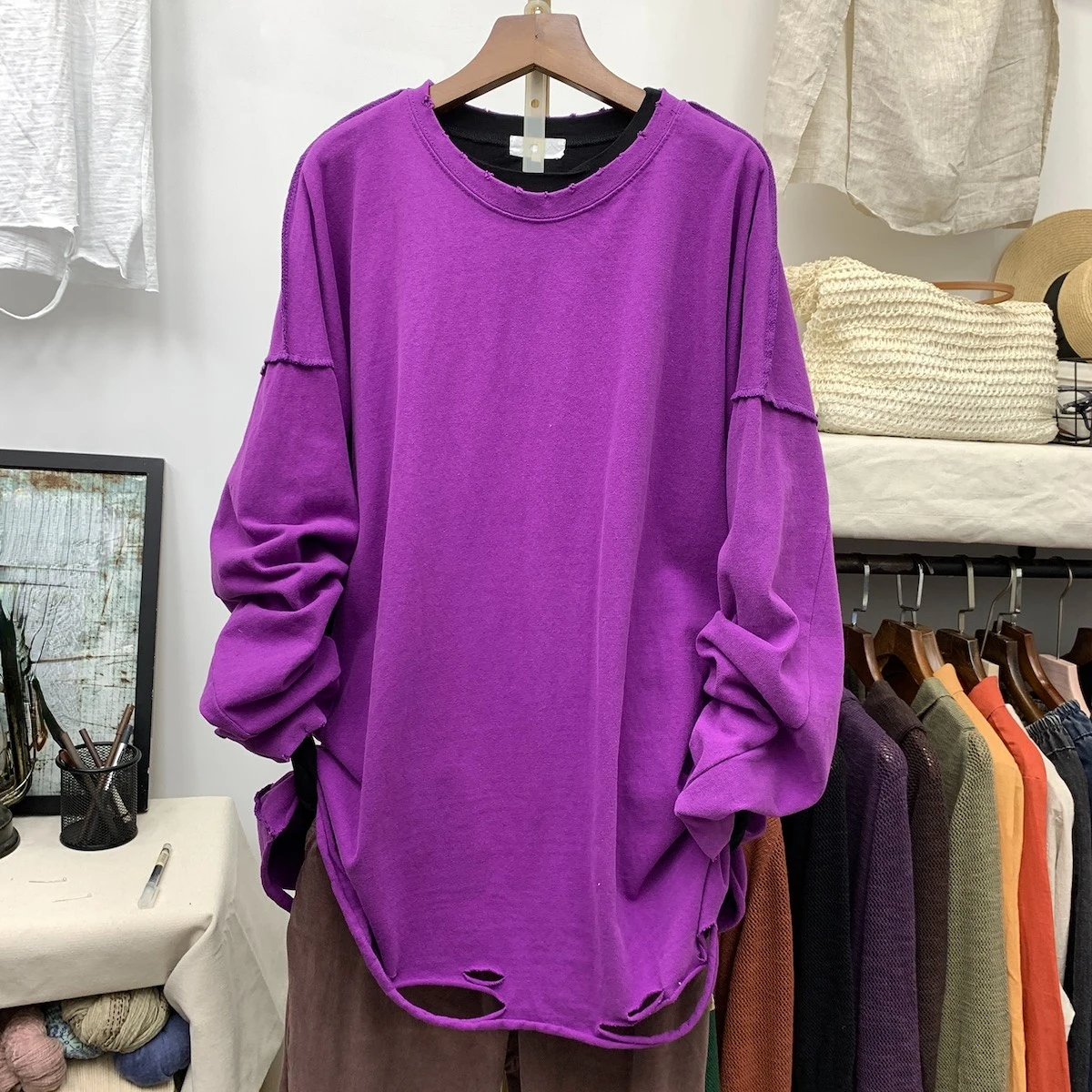 Women's Casual O-Neck Long-Sleeved Loose T-Shirts, Female Pulls Tops, Hole Tees, Vintage, Solid, Summer, 2022