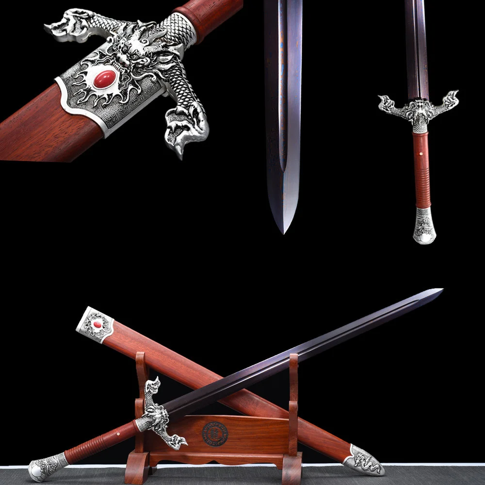 Hoge kwaliteit Dragon Sword handgemaakte smeden Battle Ready Martial Art Sword Damascus Steel Blade Full Tang rode houten schede