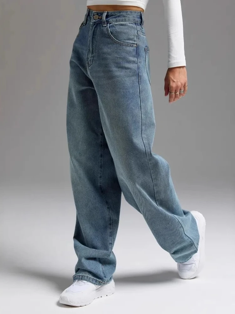 

Women's Wide Leg Jeans Vintage Denims Pants High Waist Stretch Trousers Pockets Washed Distressed Streetwear Floor Length Pant