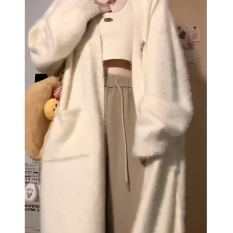 

Mid-Long Cardigans Old Money Womens Winter Thickening Knittig Romantic Turtlenecks Chunky Hooded Warm Cable Curved Sleeve Hood