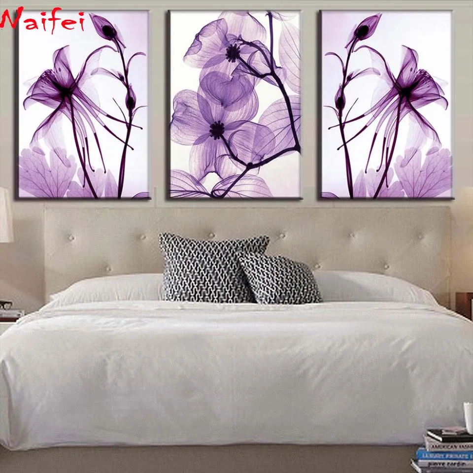 

free Shipping 5d diamond embroidery triptych Purple Flower Canvas Painting Wedding Decoration 3d diamond Picture for Living Room