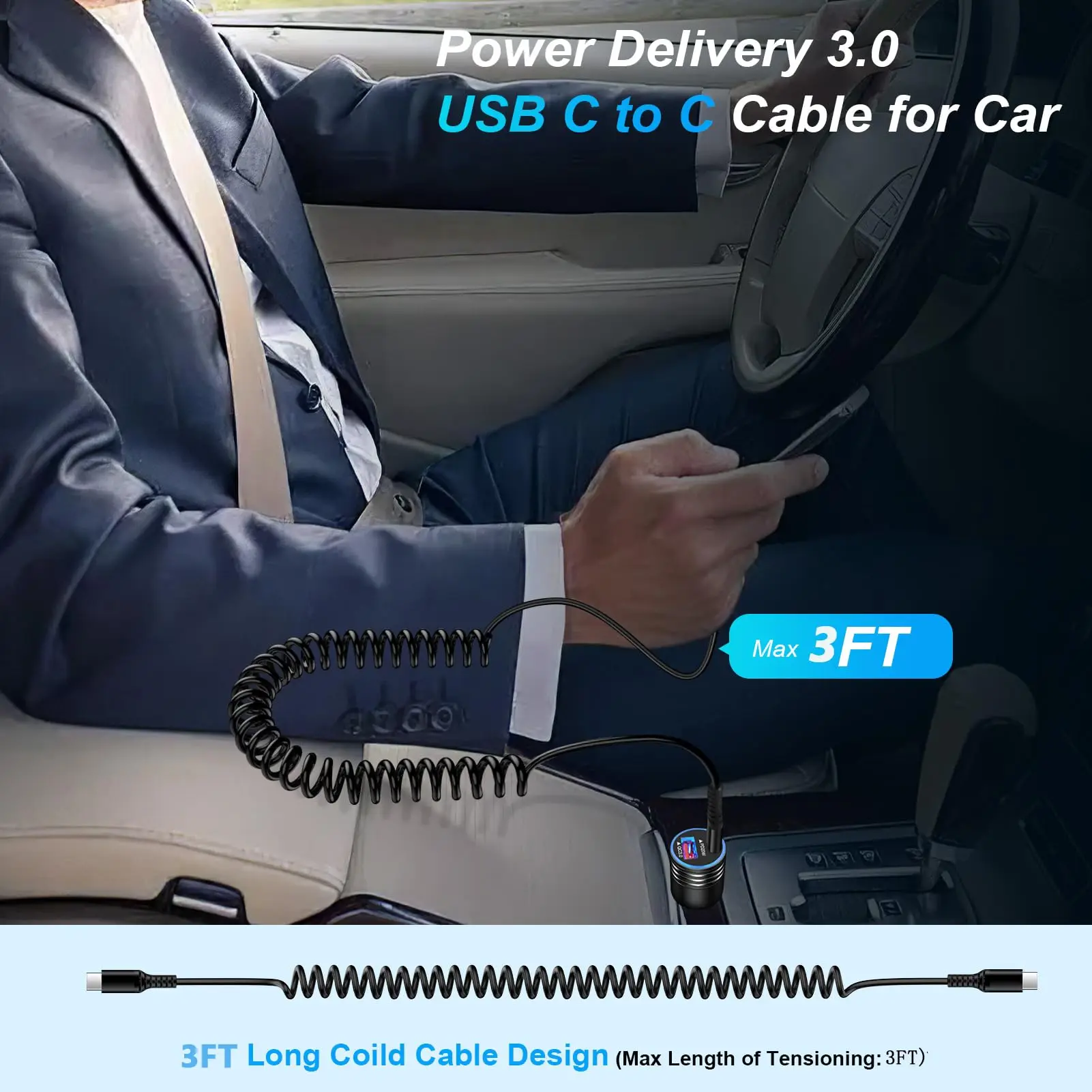 كابل USB C إلى USB C تلقائي 3FT Type C شحن سريع ملفوف سلك شاحن سامسونج لسيارة iPhone15 Huawei Xiaomi Samsung Type c #6