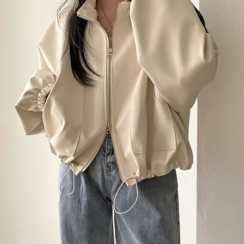 女性用ジッパー付きスタンドアップジャケット,オートバイのレザーコート,韓国のシックなジャケット,秋