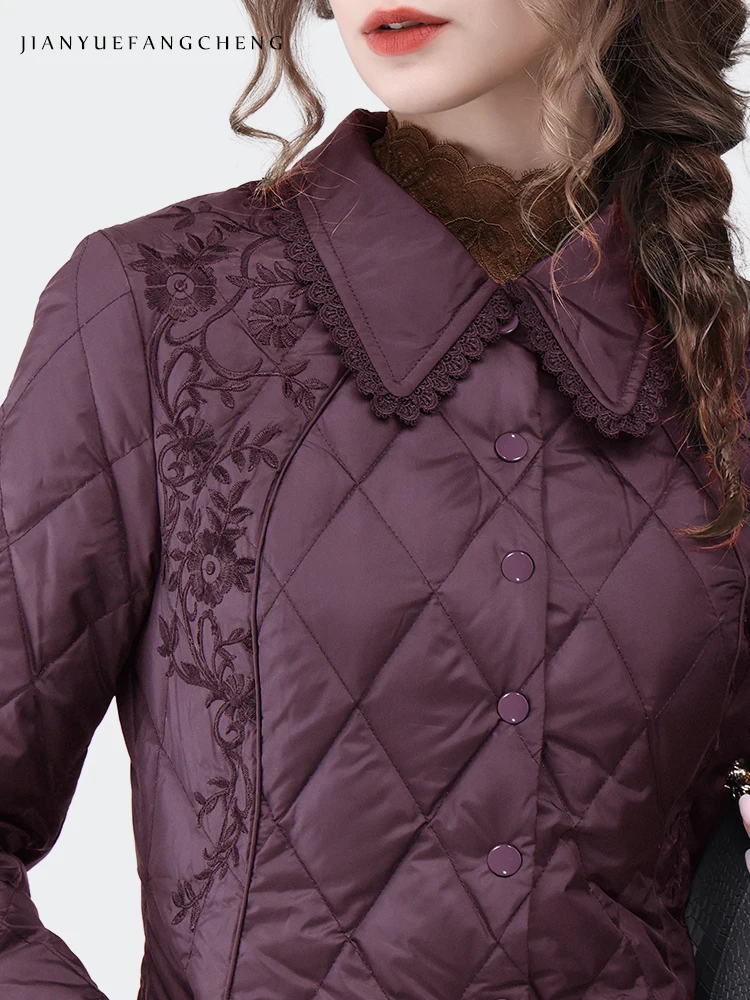 Mid-length Down Jacket Women Winter New Vintage Chinese Style Embroidered Purple Duck Down Coat Warm Lightly Slim Long Jackets