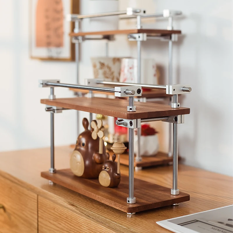 

Black Walnut Solid Wood Optical Axis Shelf Metal Industrial Wind Storage Rack Coffee Cup Cup Rack Display Rack Retro