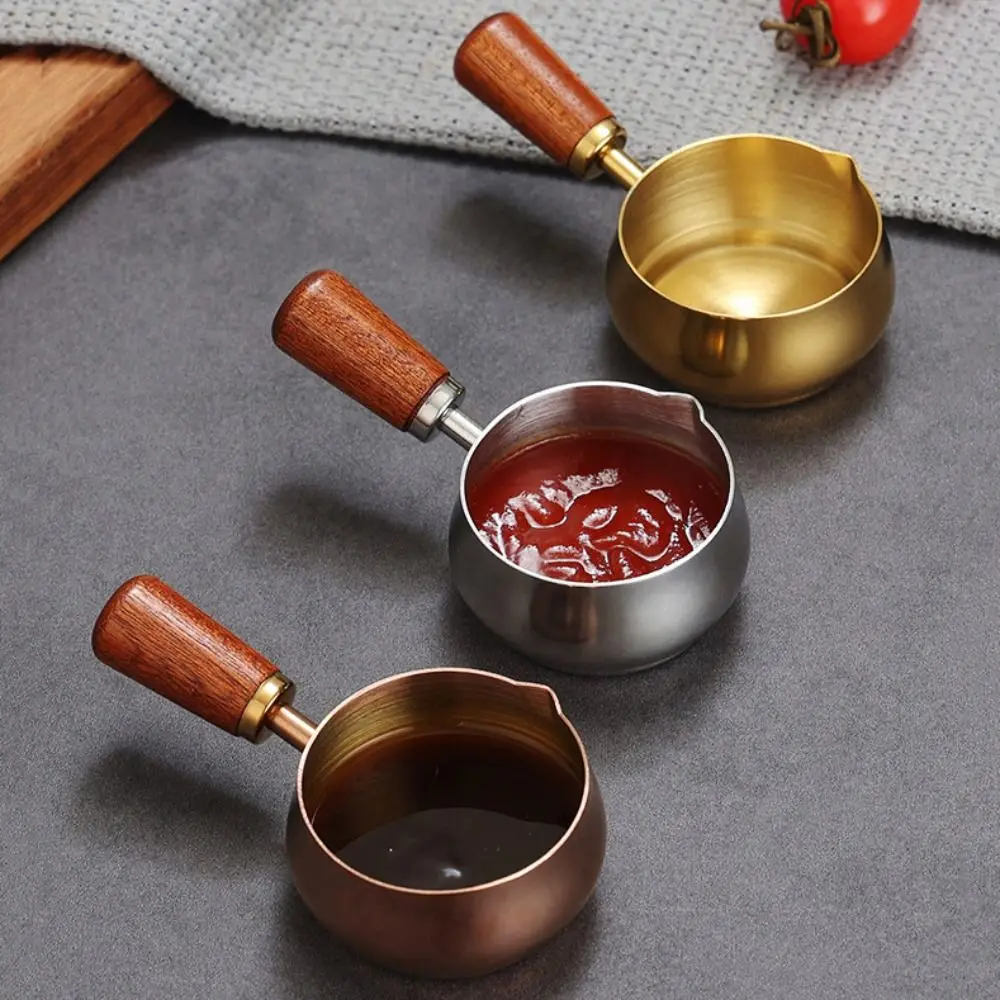 Mini 304 Stainless Steel Sauce Pan 60ml/120ml/180ml Wooden Handle Seasoning Cup Reusable Measuring Spoon Snack