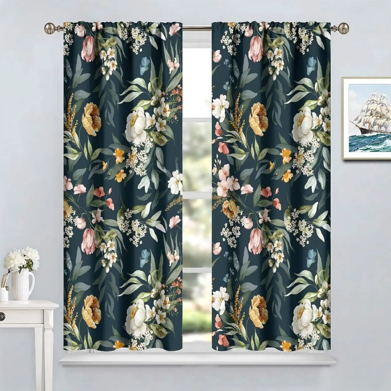 Black Floral Boho Curtains,Vintage Retro Wildflower Window Treatments for Living Room Watercolor Colorful Leaves England Gardern