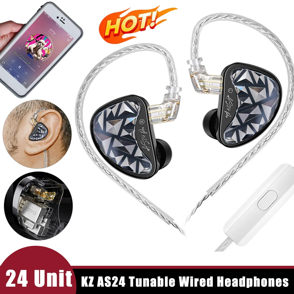 KZ AS24 Tunable In-Ear Earbuds 24 Unit Upgraded Balanced Armature Drive Earphones Adjustable Gaming Headphones With/Without Mic