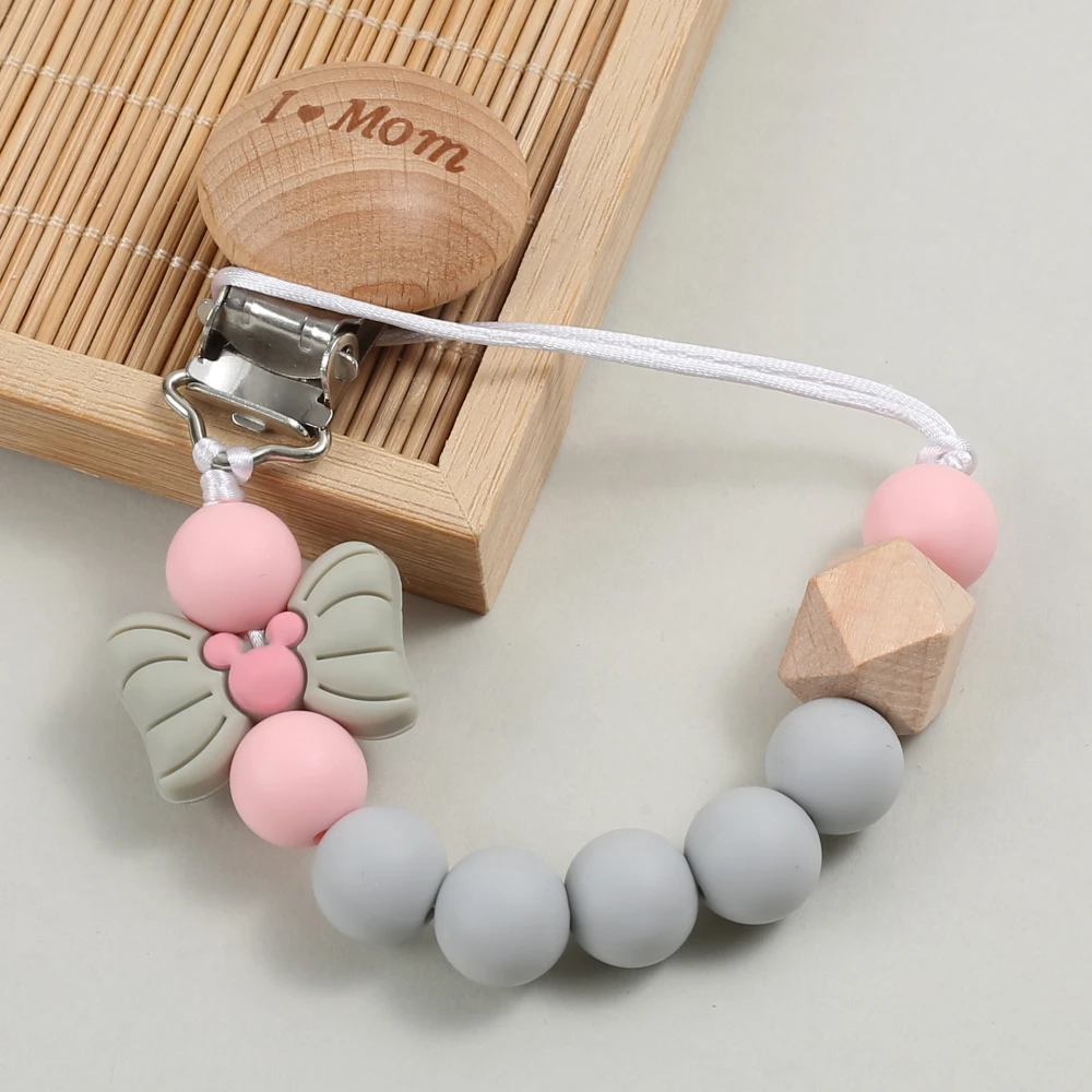 Beech Wood Round Pacifier Holder Clip Cartoon Bow Silicone Beads Teething Chain For Baby Soother Pacifier Chain Nursing Chew Toy