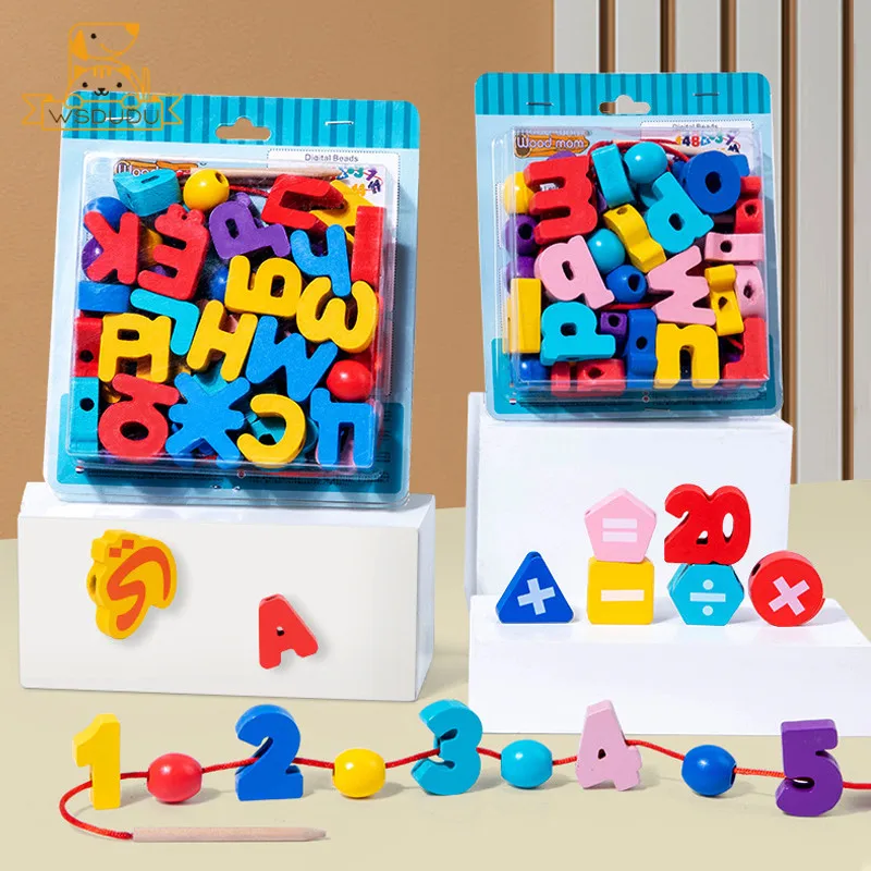 Lacing Beads Puzzle Toy Learning Russian Arabic English Alphabet Wooden Threading String Game Spelling Letter Blocks Child Gifts