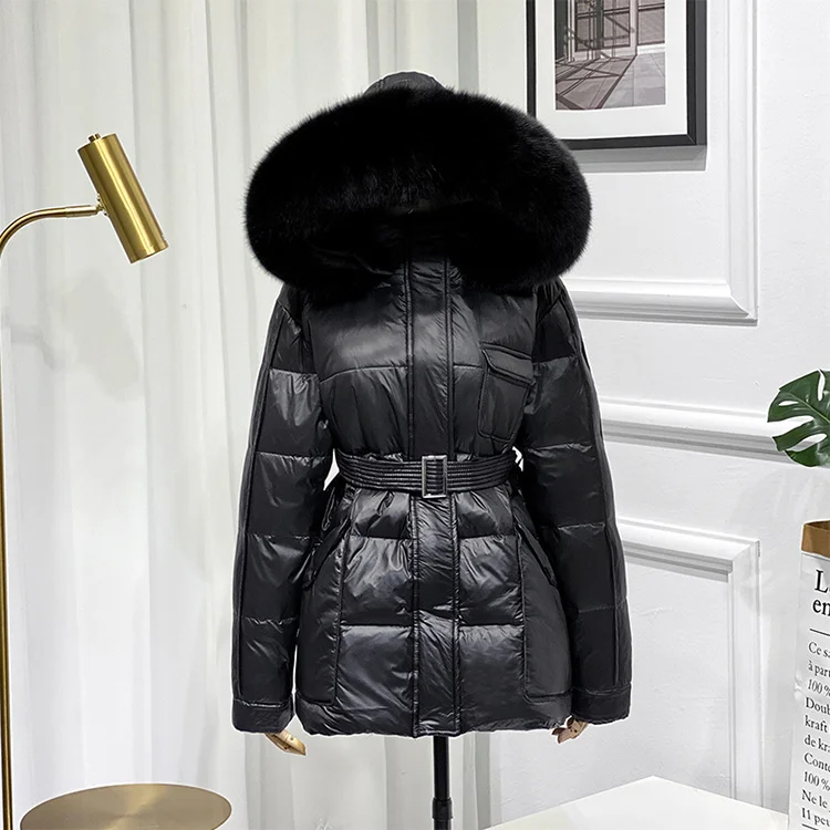 Doudoune à capuche en fourrure de renard pour femme, manteau de luxe, grand col, duvet de canard blanc, coupe ajustée à la taille, nouveau Style, Parka ample et décontractée, hiver 2023