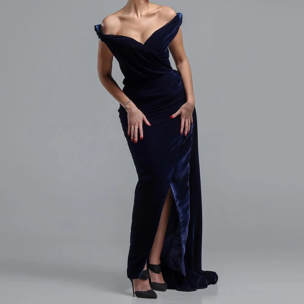 

Customized Simple Velour Straight Off the Shoulder Evening Dress V-Neck Front Slit Sleeveless Panel Train Party Dress Classic