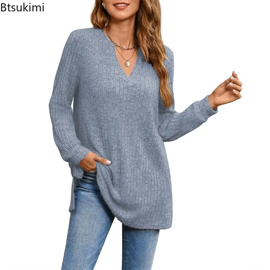 2024 Spring Autumn Women's Knit Pullover Thin Sweaters Solid V Neck Cozy Long Sleeve Tops Side Split Loose Pocket Casual Shirts