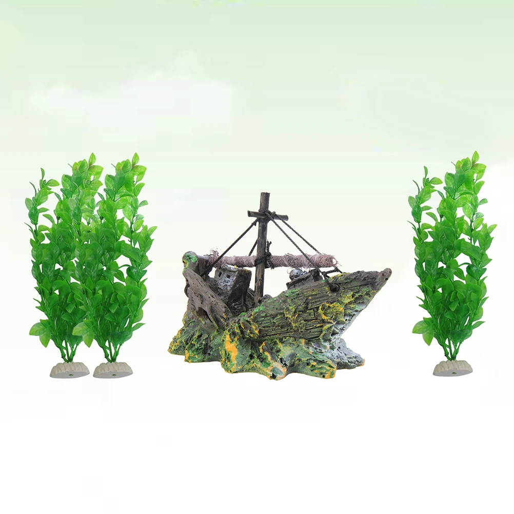 

4pcs Aquarium Decor Set Fish Tank Ornaments Ship Boat Cave Water Grass Natural Scenery Hiding Place For Aquarium Decoration
