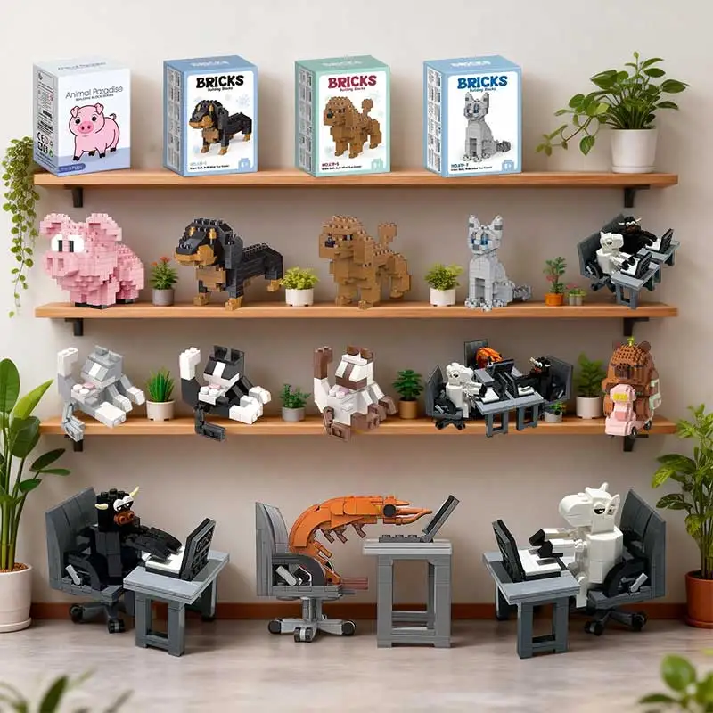 HOT Shrimp Building Block Set DIY Cattle Horse Brick Toy Model Cat Dachshund  Capybara Building Block Home Office Desk Ornament