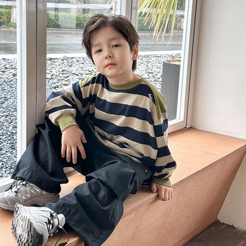 Spring children sweatshirt contrast color striped long sleeve Hoodies boys soft loose cotton Tops