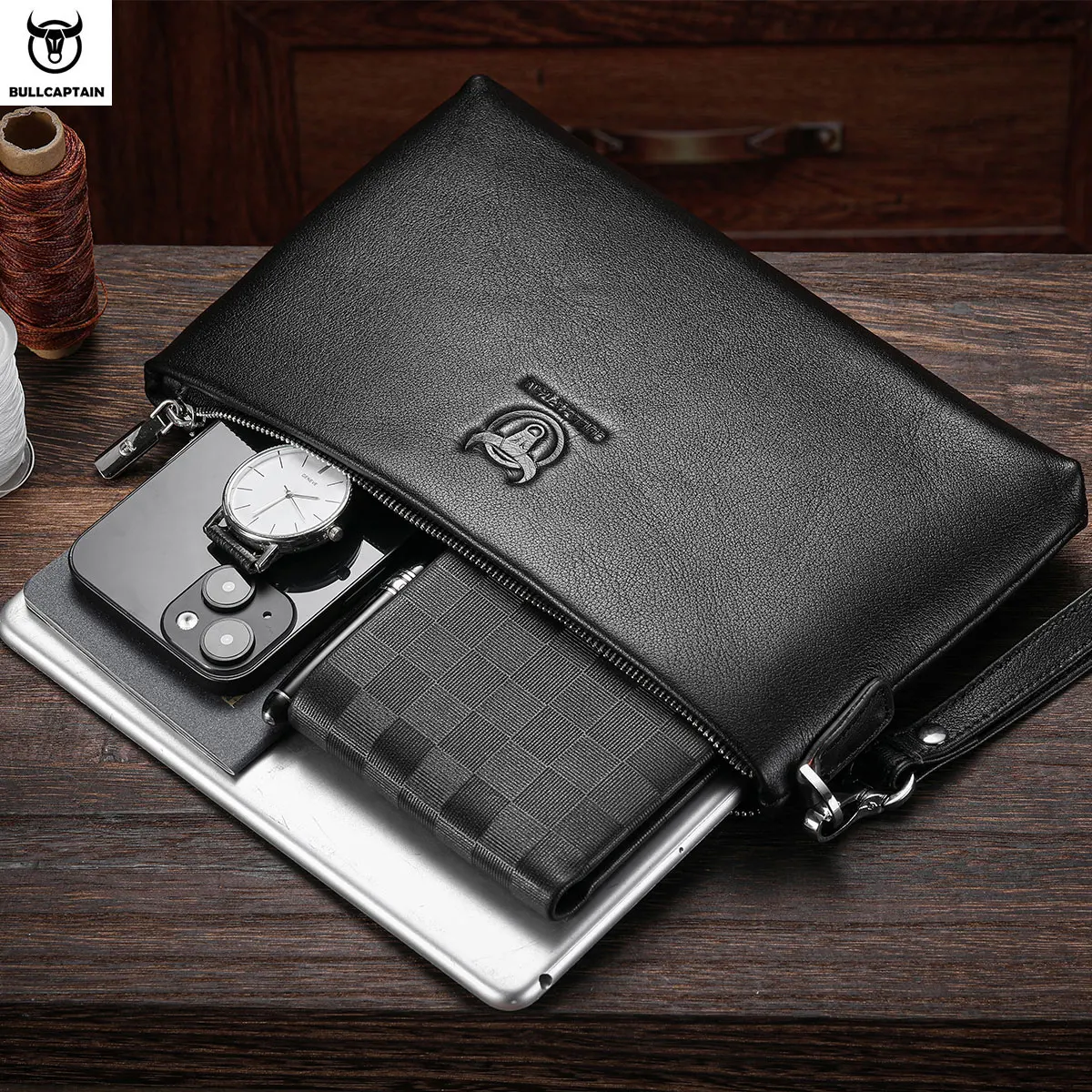 Bullcaptain Men's Long Wallet RFID Blocking Card Holder Men's Clutch Envelope Bag Business Casual Men's Underarm Bag Handbag