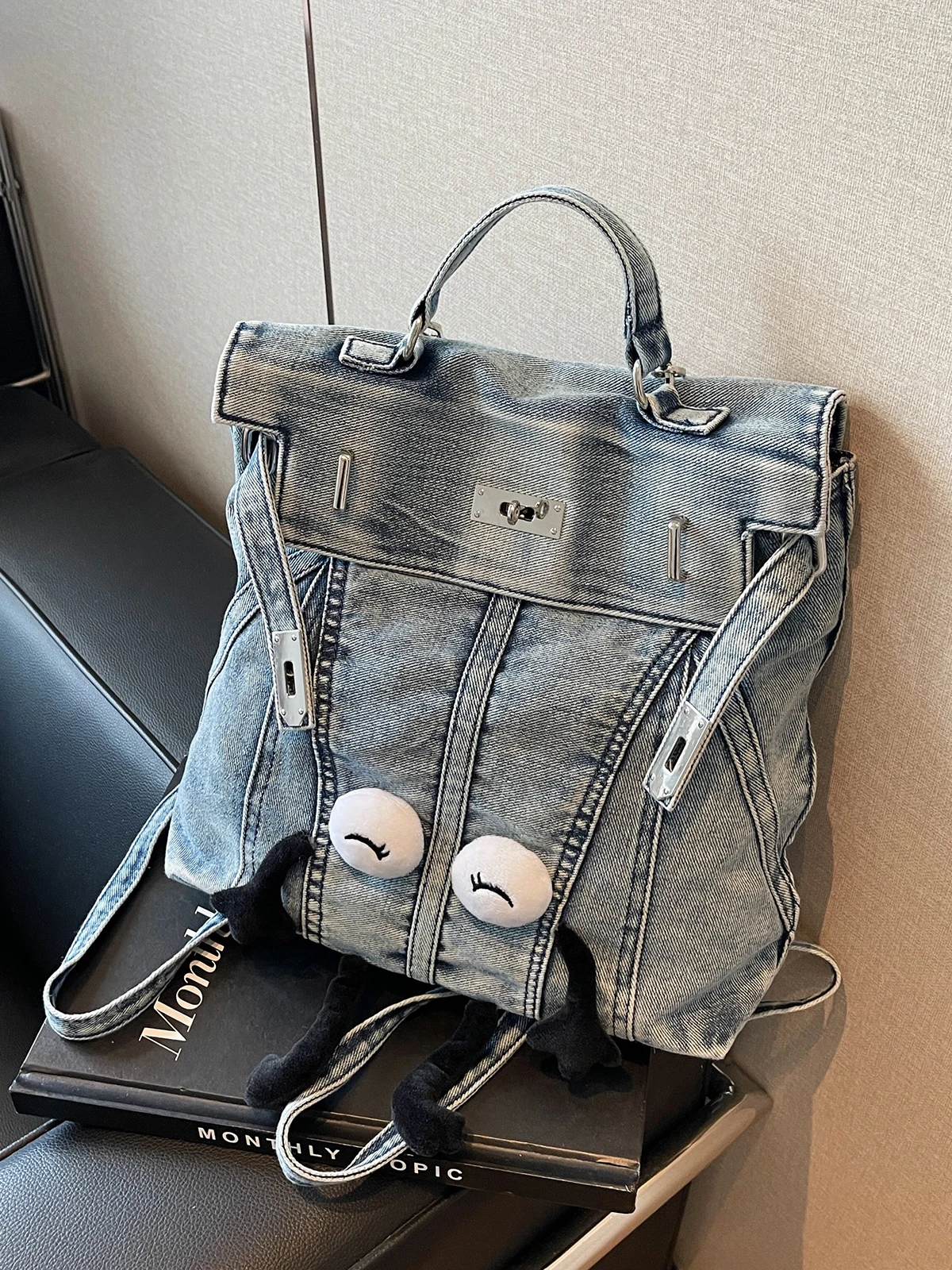 Casual large capacity denim bag women\'s backpack 2024 new travel backpack multi-purpose messenger bag