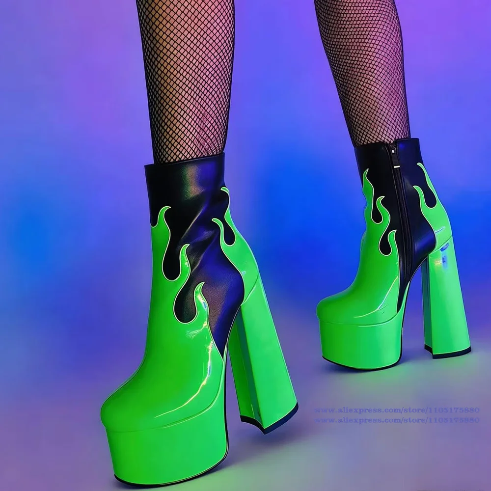 Fire Flame Pattern Ankle Boots Round Toe Side Zipper Chunky Heel Booties Women's Platform Booties Luxury Designer Botas Mujer