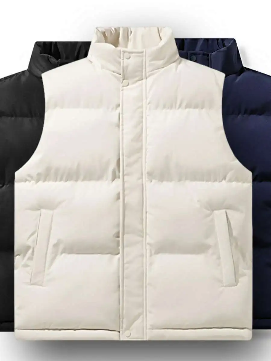 Men's Casual Loose Warm Vest Autumn Winter Sleeveless Stand Collar Jacket Outerwear Youth Business PU Material  Color