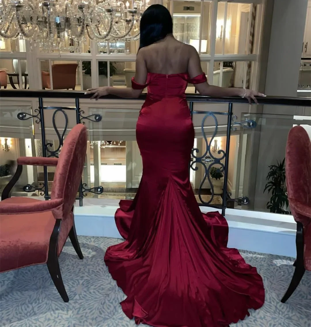 Elegant Long Off Shoulder Mermaid Evening Dresses Satin Pleated Zipper Back Sweep Train Abendkleider Robes de Soirée for Women