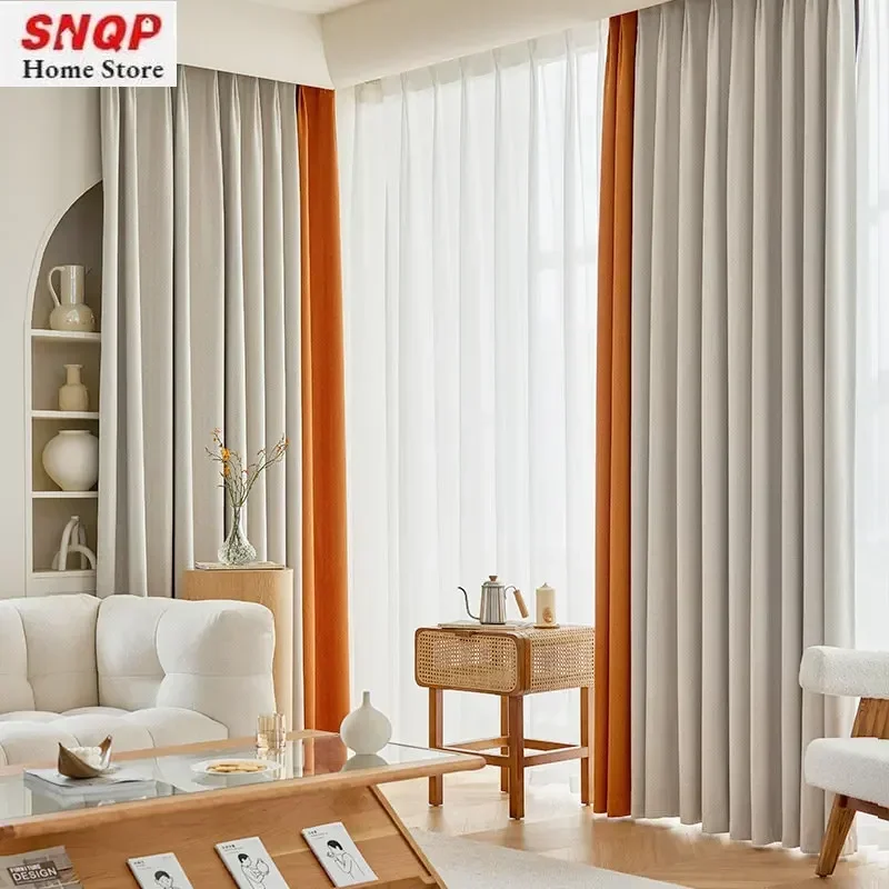 Chenille Splicing orange Luxury Curtain for Living Room Simple French Blackout Bedroom Fabric Wholesale Elegant Custom Window