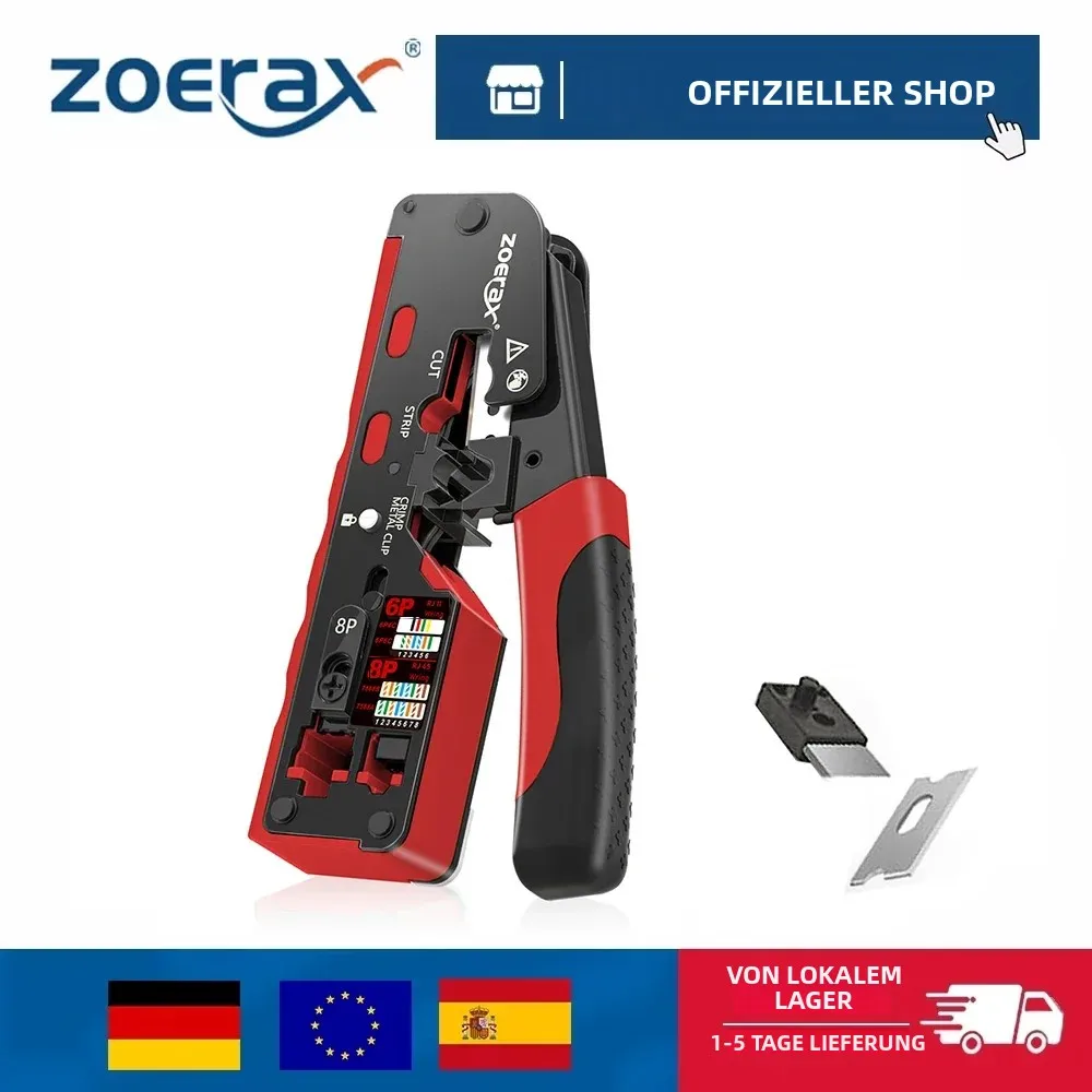 ZoeRax RJ45 CAT7 CAT6A Crimpzange für Cat7/6a/6/5e Netzwerkstecker, Drahtschneider, Abisolierzange, Ethernet-Crimper mit Klingen