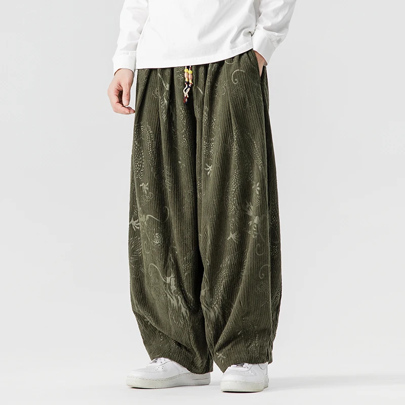 

Men Harajuku Harlan Pants Autumn Men Dragon Pattern Embroidery Pants Tang Suit Men Corduroy Wide Leg Pants Oversized Trousers