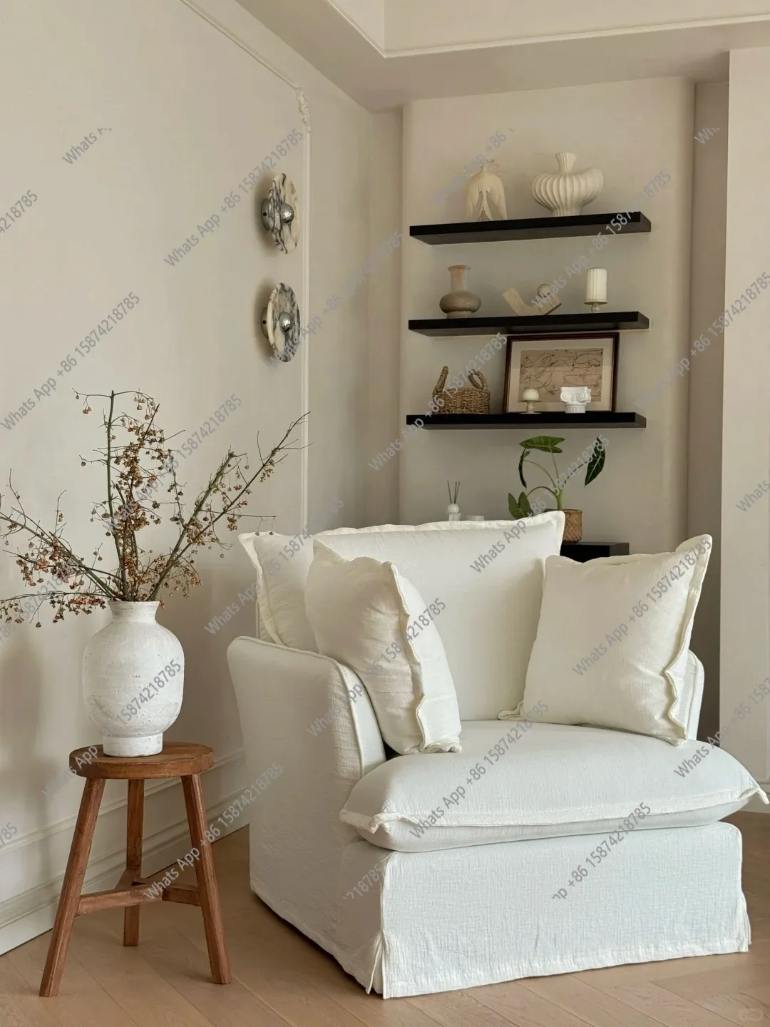 

Vintage wabi-sabi style fabric sofa cotton and linen American country French pastoral linen single sofa can be removed and washe