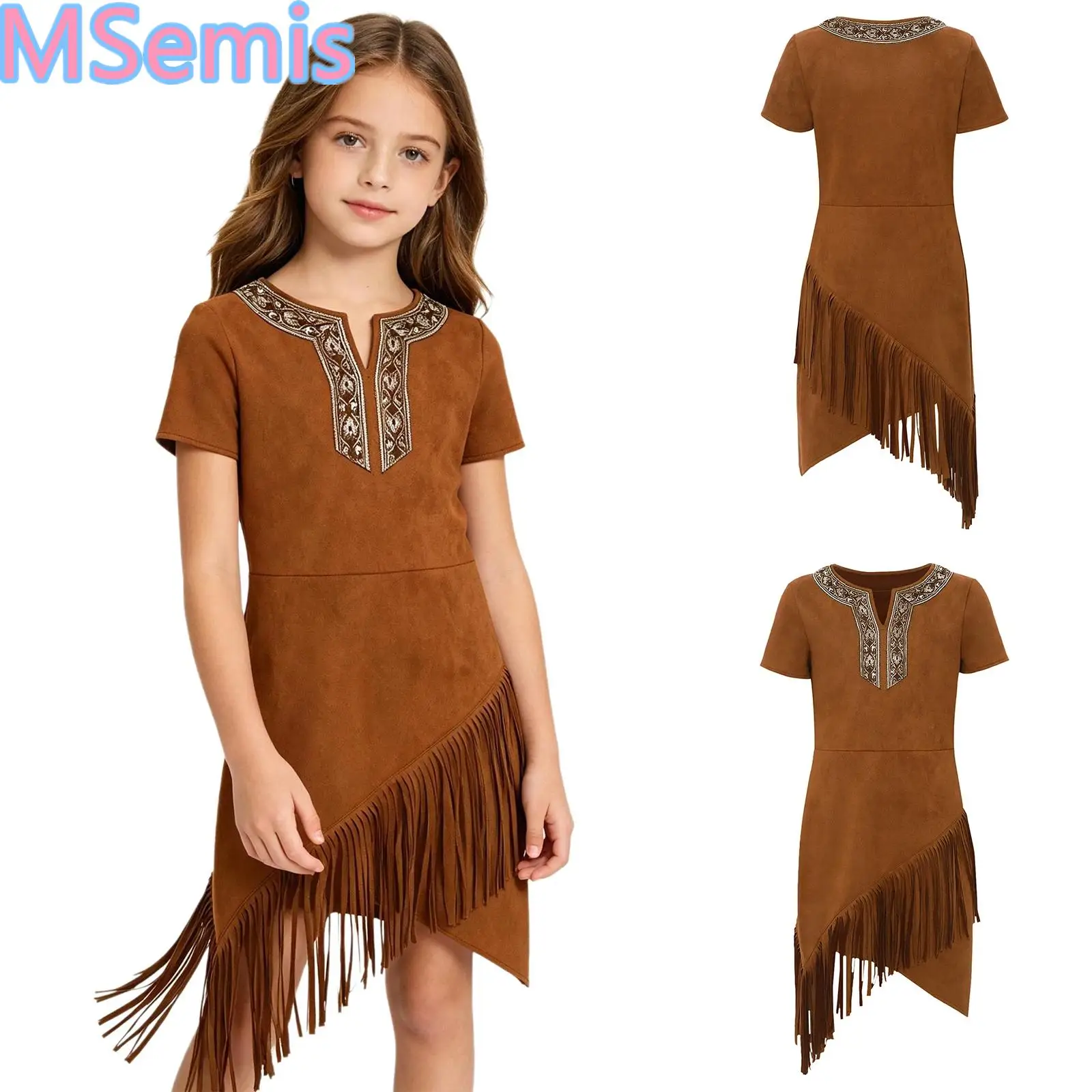 Kid Girls Indigenous American Indians Dress Halloween Native American Gown Dress-up Costume Short Sleeve Irregular Tassels Dress