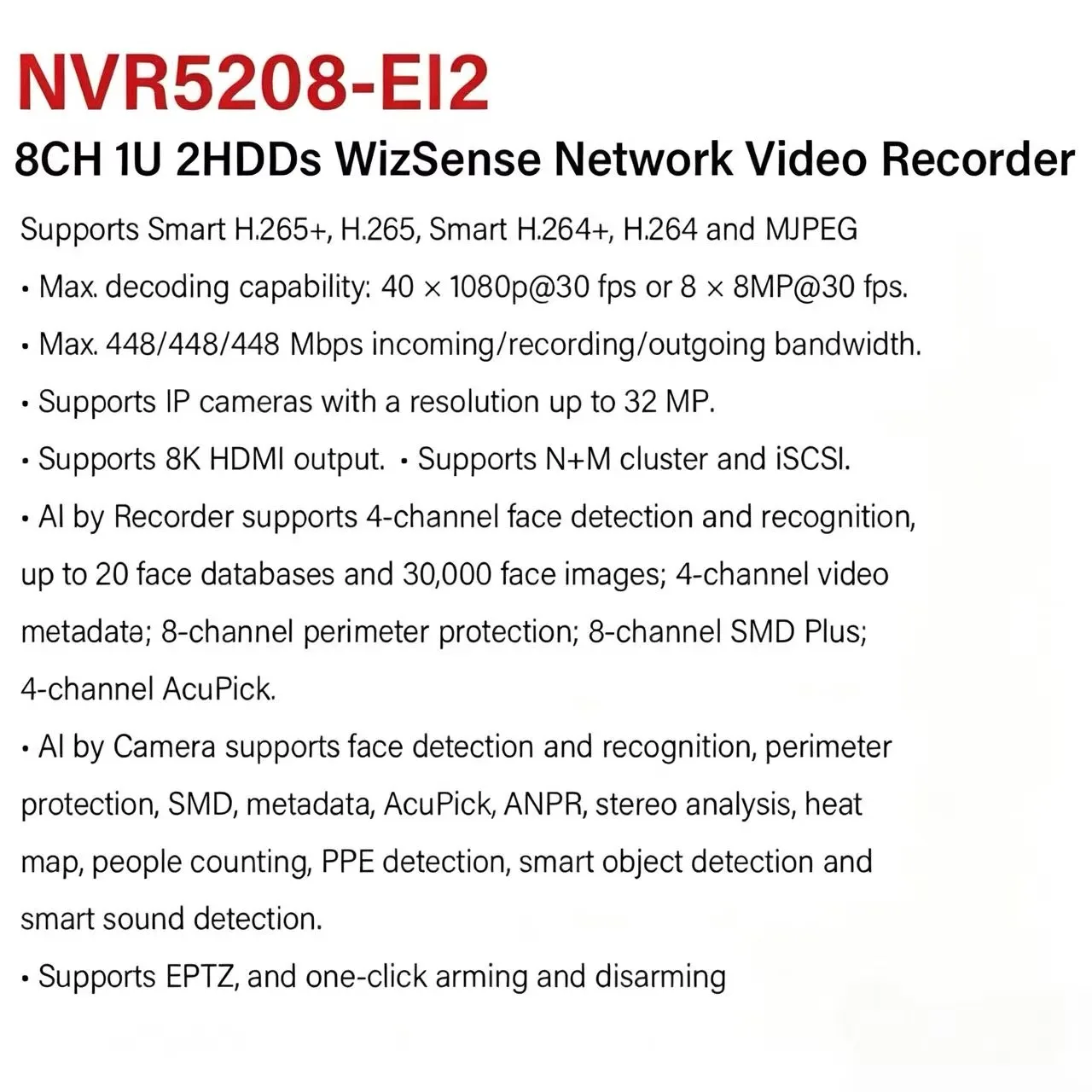 Dahua NVR5208-8P-EI2 NVR5216-16P-EI2 Original WizSense 8K NVR International Version 8PoE 16PoE AcuPick PPE Detection AI Features