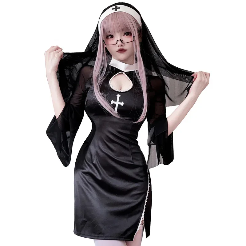 Sky05 Disfraz de monja sexy de Halloween para mujer, disfraz de vampiro cruzado, estilo gótico oscuro, vestido de monja negro con tocado, Carnaval Role99JIu @