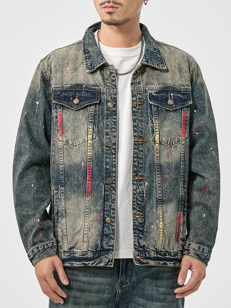 High-end personality graffiti American casual denim jacket men's high street tide retro loose jacket tops streetwear