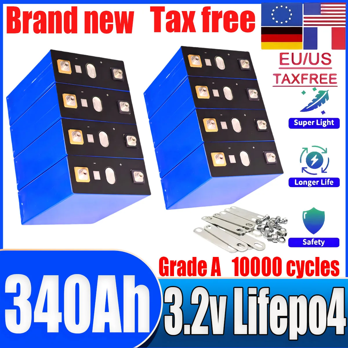 

1-16PCS Brand new A-class 3.2V 320Ah 340AH Lifepo4 rechargeable battery DIY12V 24V 48V RV EV boat golf solar camping tax free