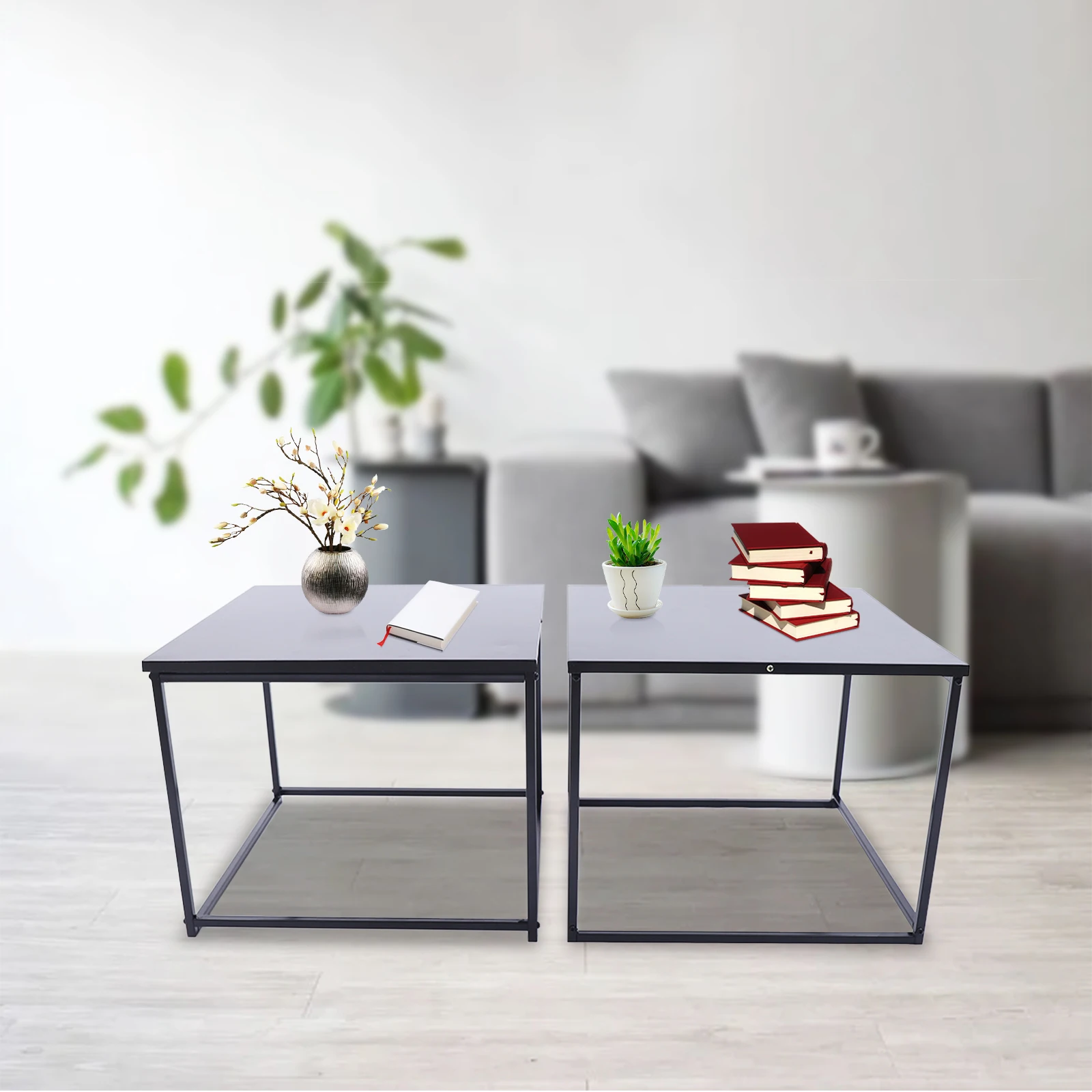 

4 Set of Coffee Table Metal End Table with Storage Shelf Living Room Modern Furniture