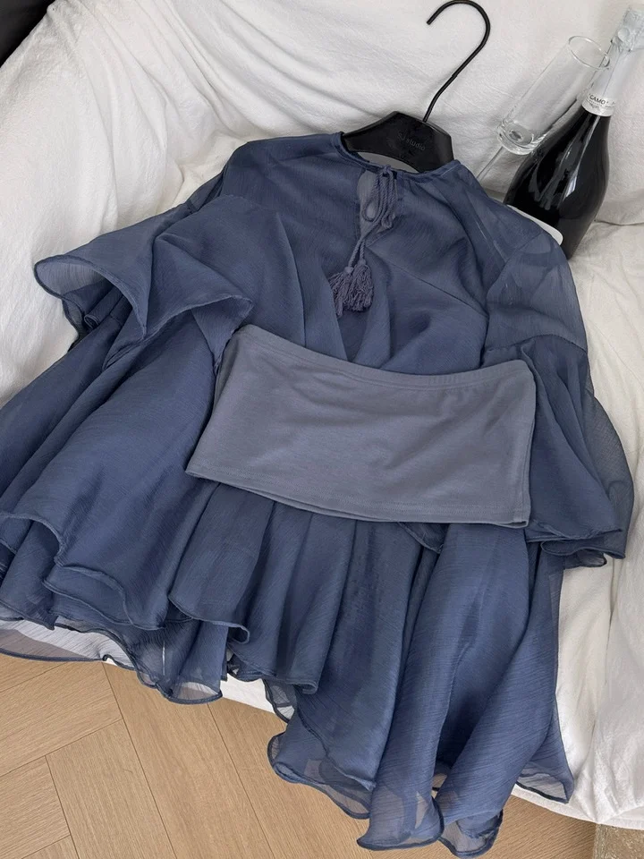 Wyszczuplająca Oddychająca Koreańska Elegancka Bluzka z Falbankami, Kołnierzykiem i Długim Rękawem, Damska Bluzka z Dekoltem w Serek, Wiązana, z Szyfonu w Stylu Tie-dye