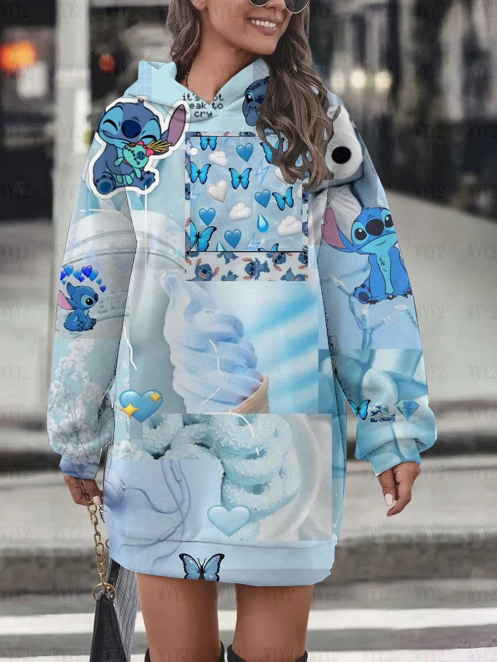 Autumn Winter Disney Stitch Printed Women\'s Loose Comfortable Hoodie Dress New Long Sleeve Casual Fashion Sweater Dress