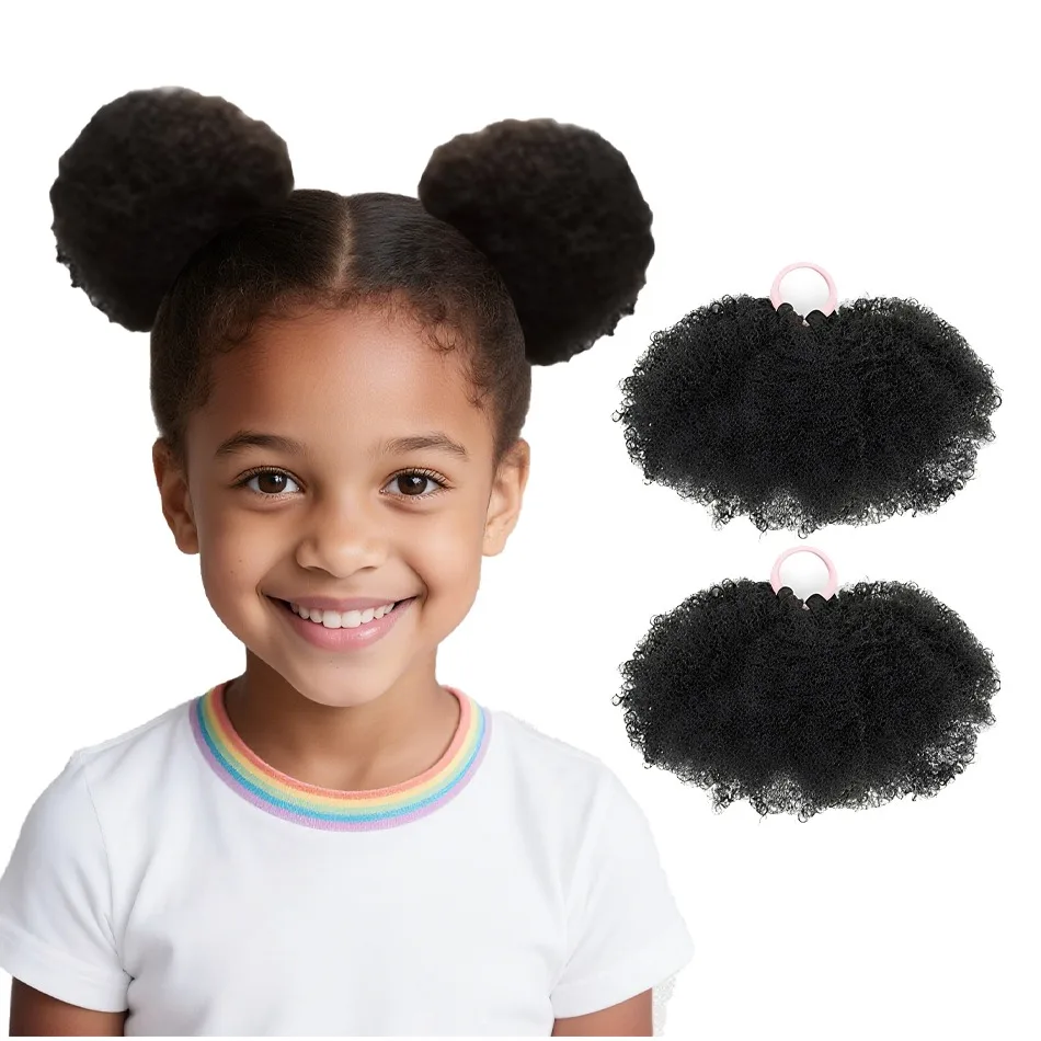 2pcs/ Luxury Kids Hair Buns Kids Afro Puff Soft Like Natural Human Hair Hand Feel Marley Kinky Bulk for Hair Girl with Elastic