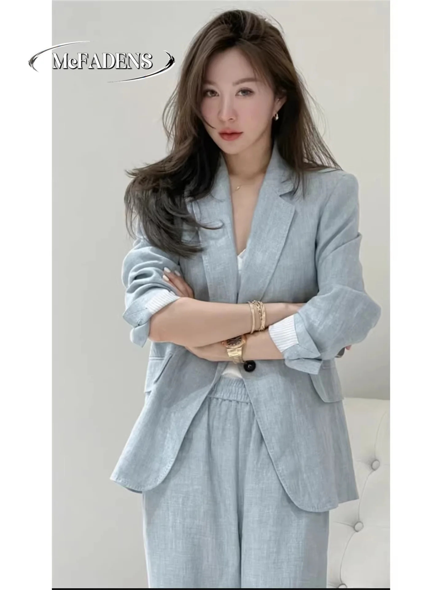 

Blue Linen Suit Set Women's High Waist Wide Leg Pants Slimming Jacket Professional Spring 2026 Hong Kong Fashion