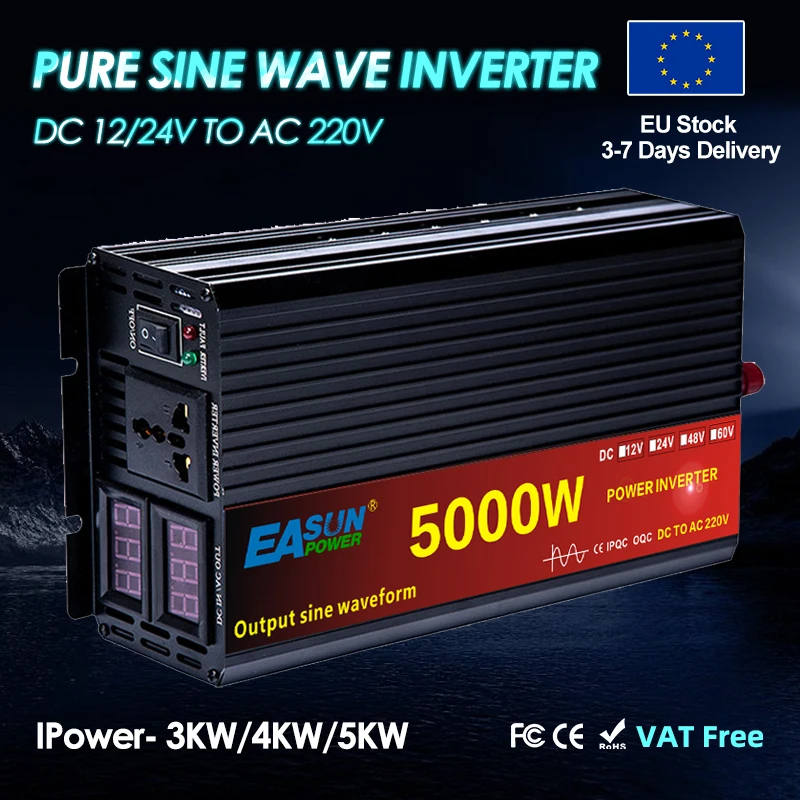 Inverter a onda sinusoidale pura 5000W/4000W/3000W DC 12V/24V a AC 220V Car Power Inverter Multi-funzione Presa Convertitore Strumenti Solare