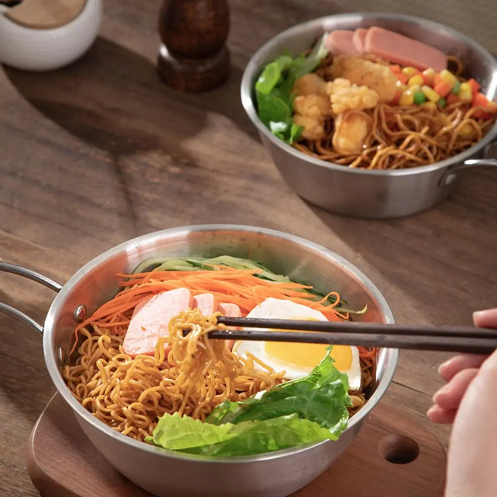 Bear Pattern Korean Noodle Bowl Doubel/Single Handle Shockproof Seafood Rice Pot 304 Stainless Steel Paella Pan Dormitory