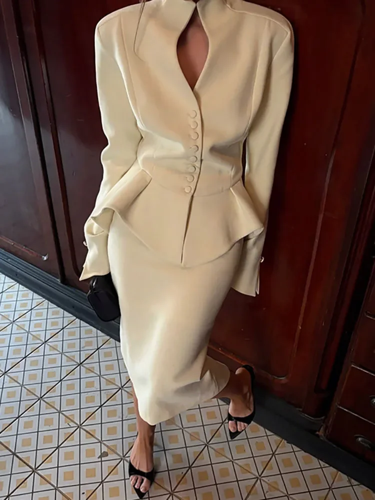 

Fashion Stand Coat & Half Skirt Outfit Lady Casual Long Sleeve Solid Slim 2Pc Suit Elegant Ruffle Single Breasted Long Skirt Set